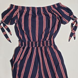 Derek Heart Off Shoulder Jumpsuit Blue M Striped
